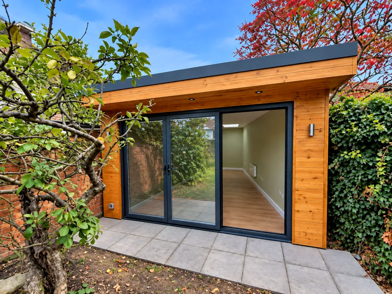 Timber-clad garden room framed by a landscaped garden