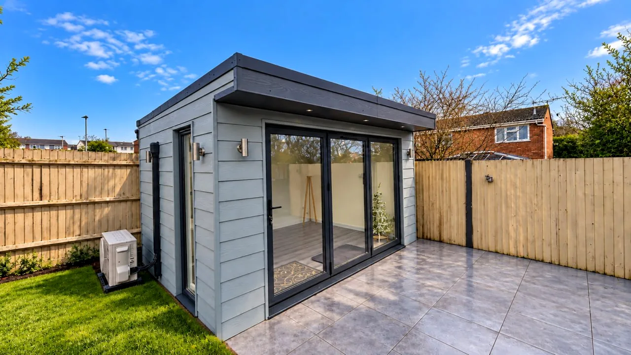 Contemporary pale garden office with full height doors