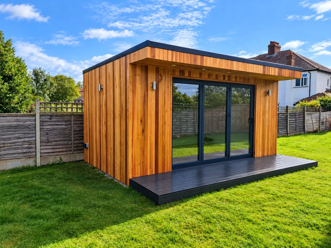 Compact timber garden room in a green garden