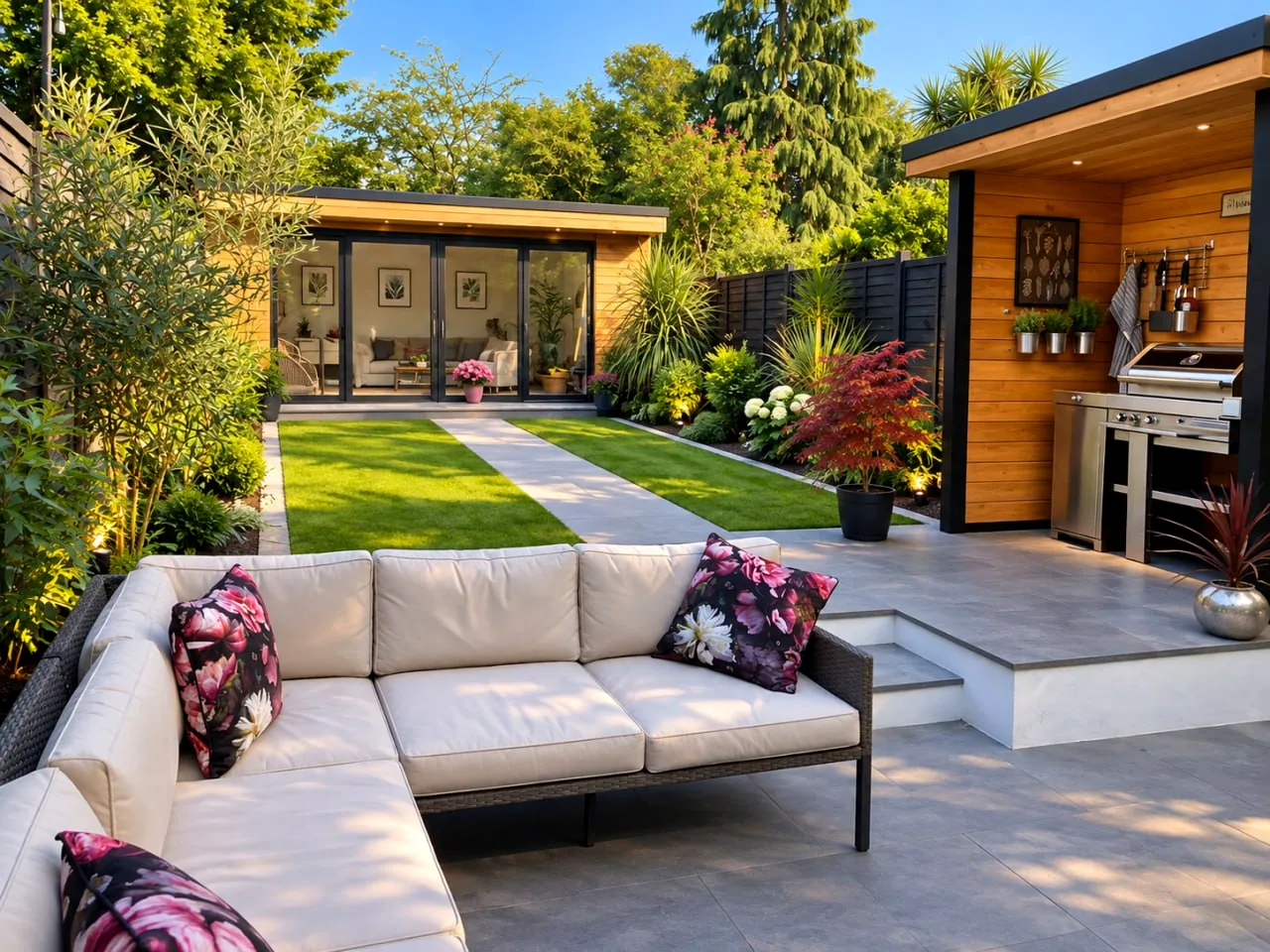 Paved and planted garden leading to a garden room