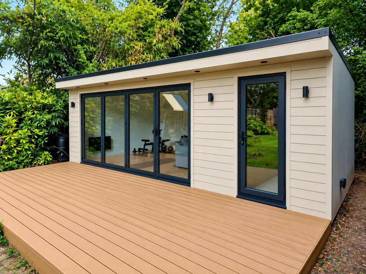 Light-filled garden office with glazed doors and timber decking