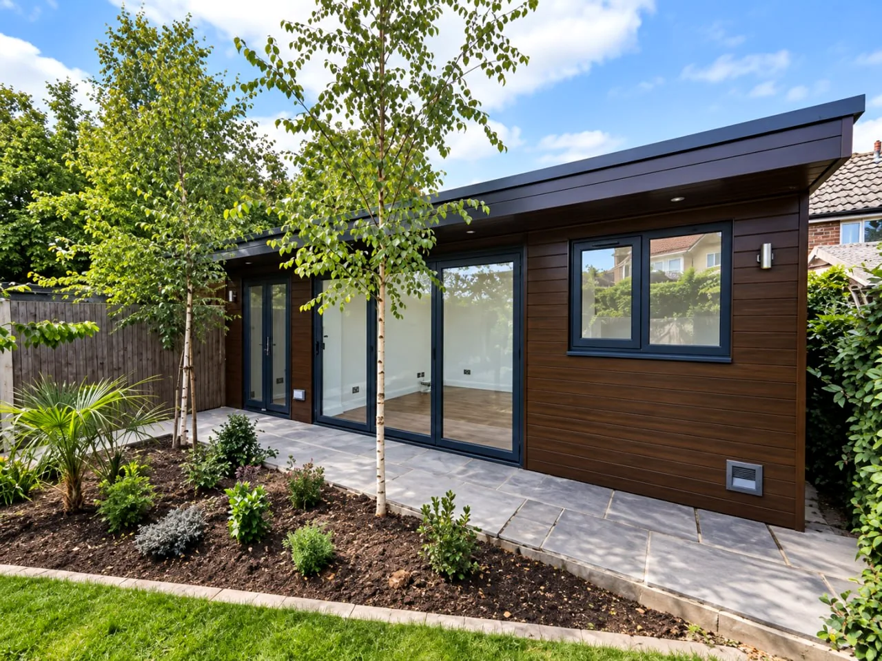 Dark clad garden room framed by planting