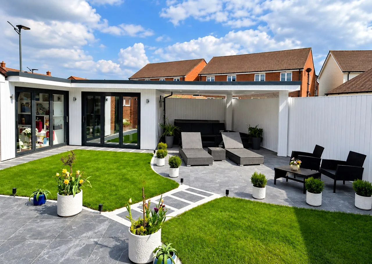 Finished garden landscape with paving, lawn and contemporary outbuilding