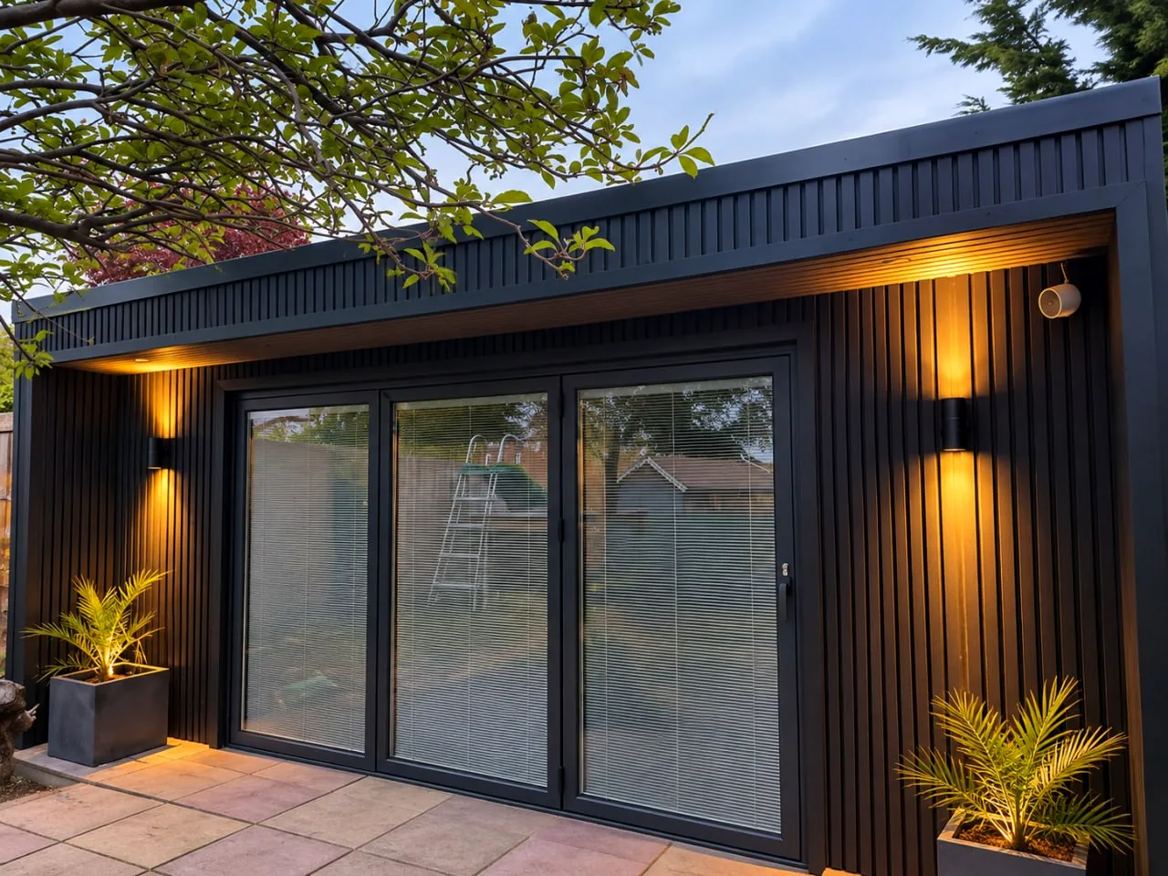 Dark-clad garden room lit warmly in the evening