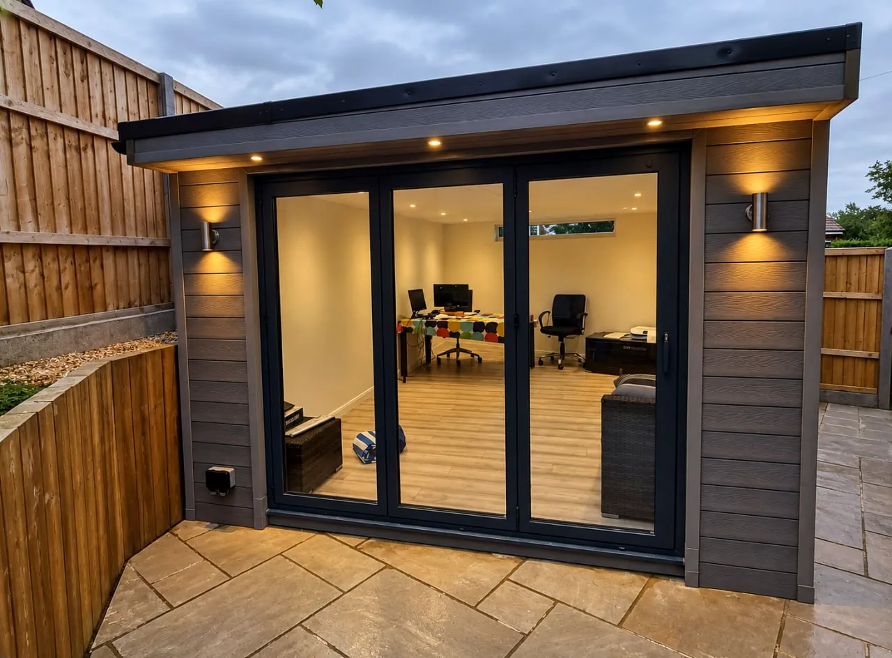 Evening view into an illuminated garden room