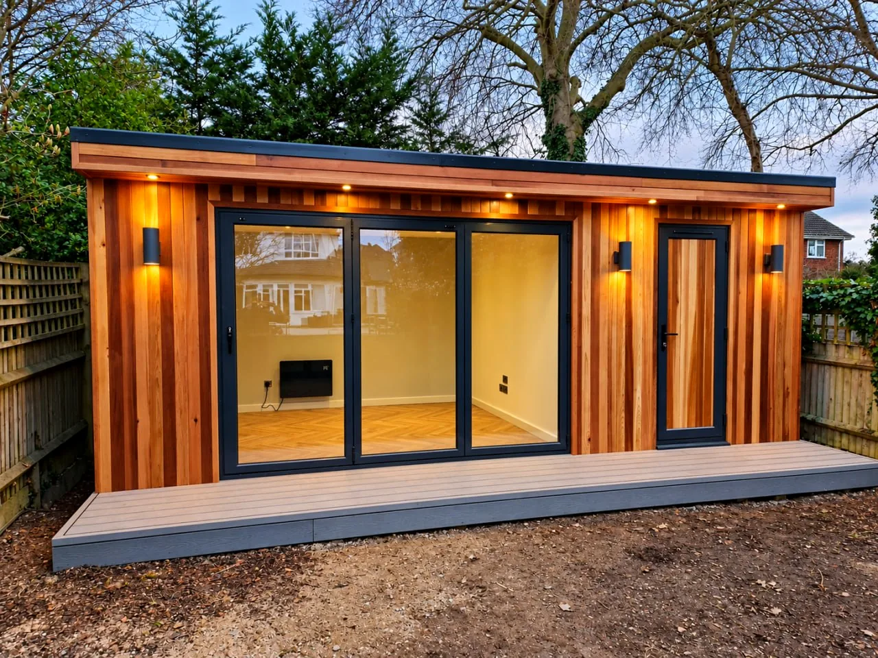 Warmly lit timber garden room at dusk